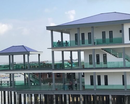 TAN Castle exterior, three-storey resort over the Malacca Strait